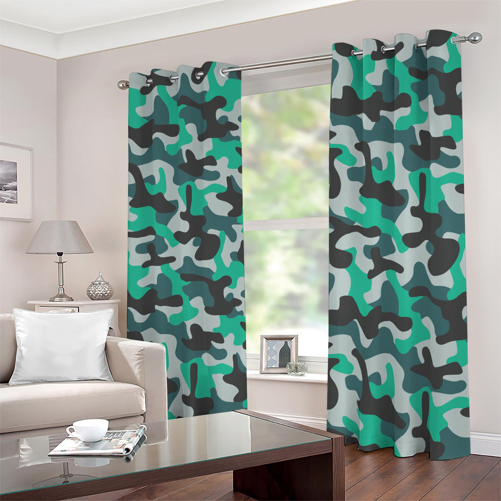 Teal And Black Camouflage Print Blackout Grommet Curtains