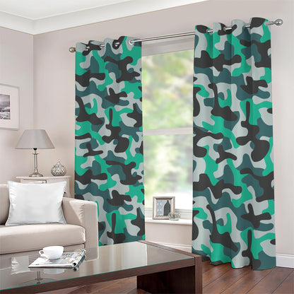 Teal And Black Camouflage Print Blackout Grommet Curtains