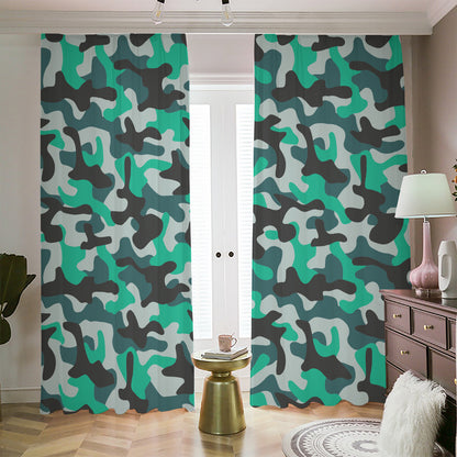 Teal And Black Camouflage Print Blackout Pencil Pleat Curtains