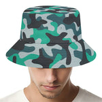Teal And Black Camouflage Print Bucket Hat