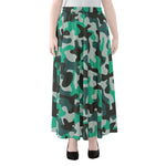 Teal And Black Camouflage Print Chiffon Maxi Skirt