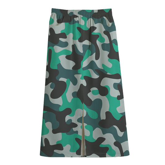 Teal And Black Camouflage Print Cotton Front Slit Maxi Skirt