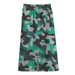 Teal And Black Camouflage Print Cotton Front Slit Maxi Skirt