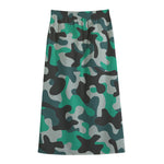 Teal And Black Camouflage Print Cotton Front Slit Maxi Skirt