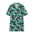 Teal And Black Camouflage Print Cotton Hawaiian Shirt