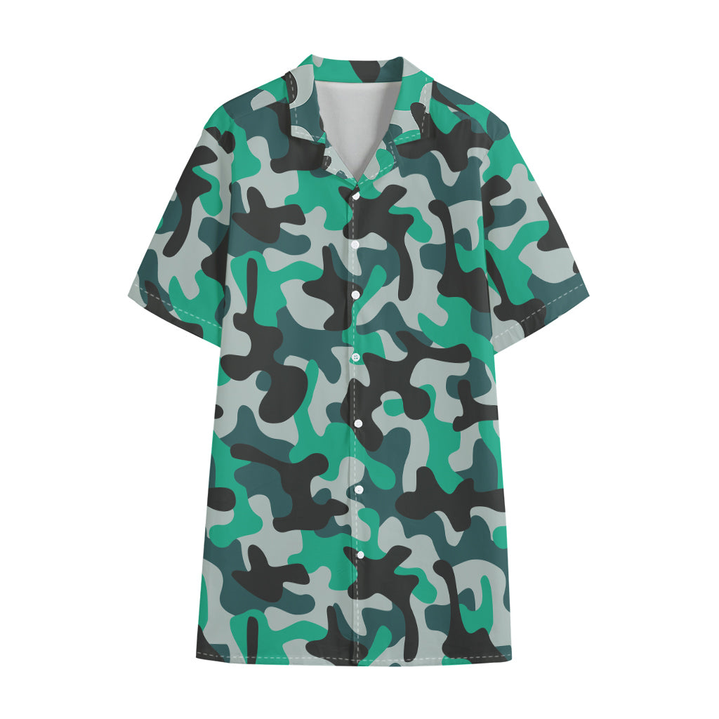 Teal And Black Camouflage Print Cotton Hawaiian Shirt