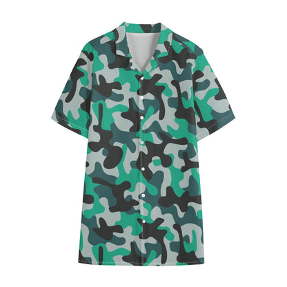 Teal And Black Camouflage Print Cotton Hawaiian Shirt