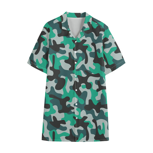 Teal And Black Camouflage Print Cotton Hawaiian Shirt
