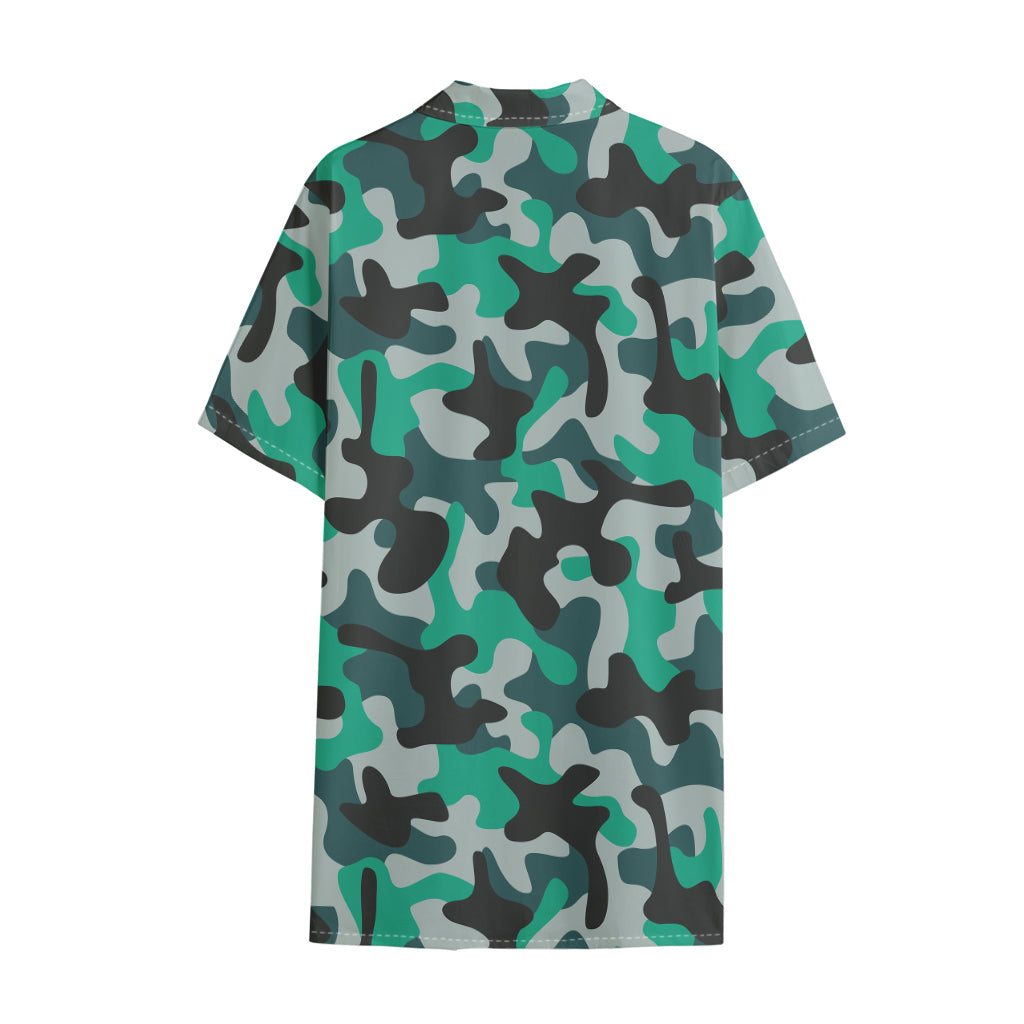 Teal And Black Camouflage Print Cotton Hawaiian Shirt