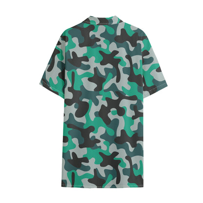 Teal And Black Camouflage Print Cotton Hawaiian Shirt