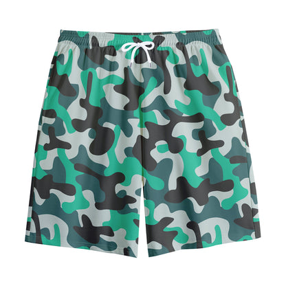 Teal And Black Camouflage Print Cotton Shorts