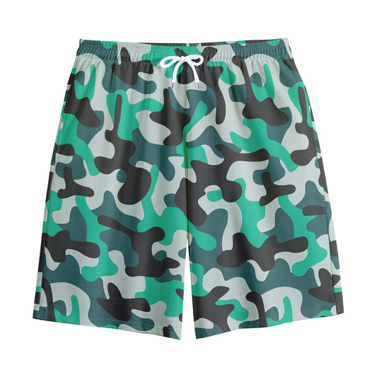 Teal And Black Camouflage Print Cotton Shorts