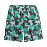 Teal And Black Camouflage Print Cotton Shorts