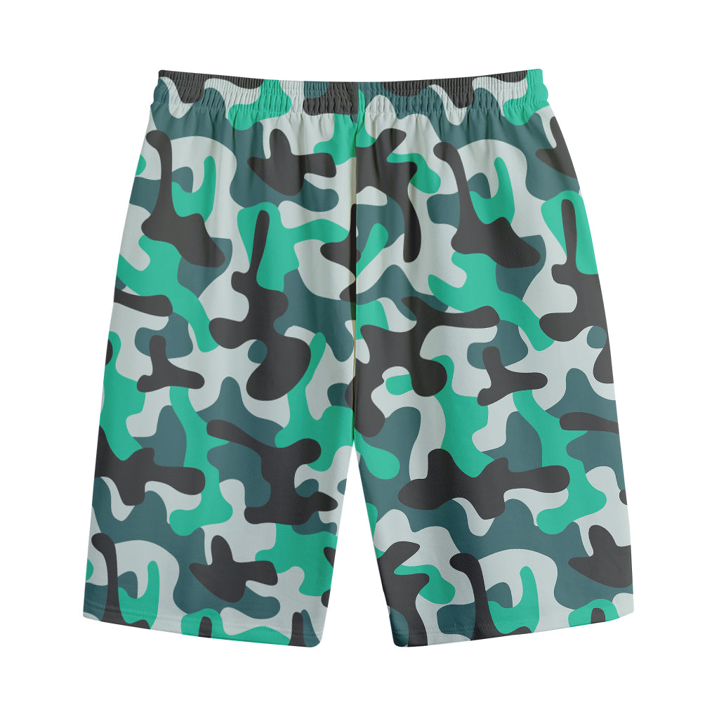 Teal And Black Camouflage Print Cotton Shorts