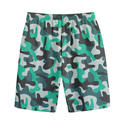 Teal And Black Camouflage Print Cotton Shorts
