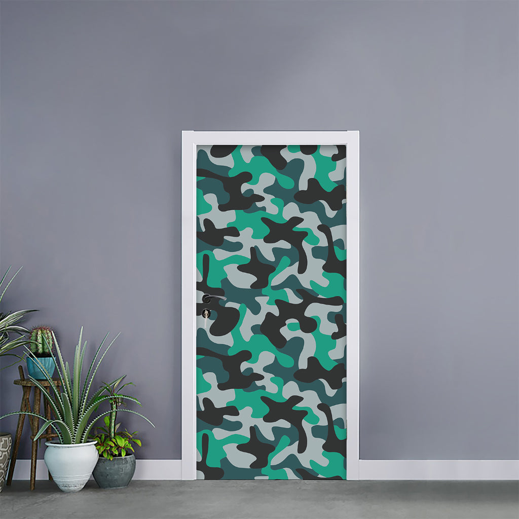 Teal And Black Camouflage Print Door Sticker
