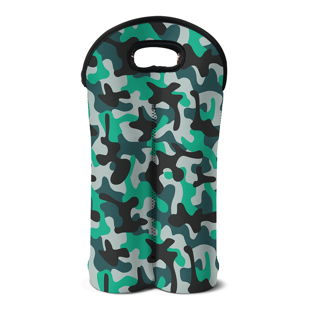 Teal And Black Camouflage Print Double Neoprene Wine Tote