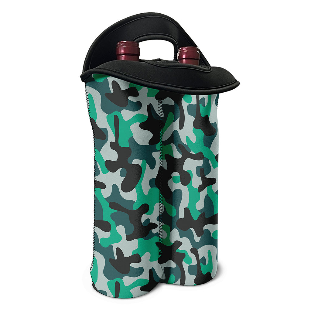 Teal And Black Camouflage Print Double Neoprene Wine Tote