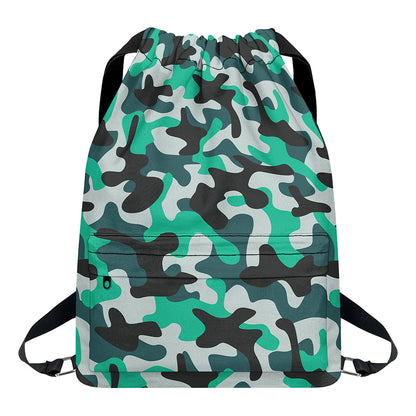 Teal And Black Camouflage Print Drawstring Backpack