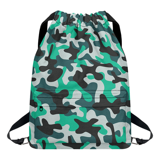 Teal And Black Camouflage Print Drawstring Backpack