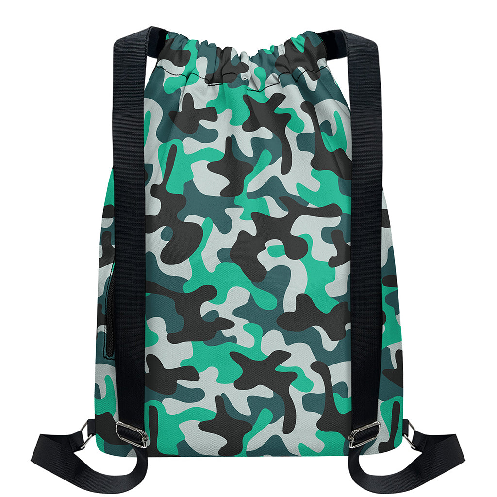 Teal And Black Camouflage Print Drawstring Backpack