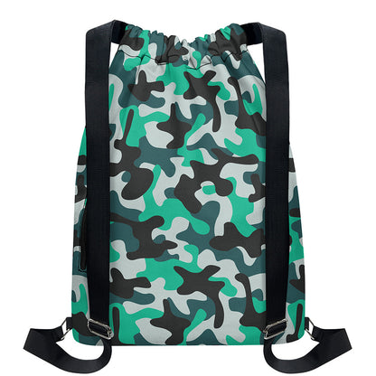 Teal And Black Camouflage Print Drawstring Backpack