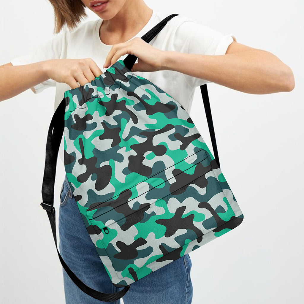 Teal And Black Camouflage Print Drawstring Backpack