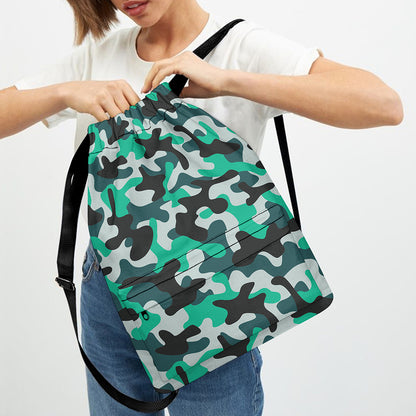Teal And Black Camouflage Print Drawstring Backpack