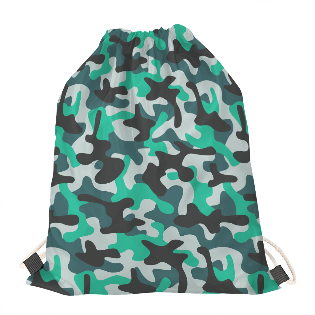Teal And Black Camouflage Print Drawstring Bag