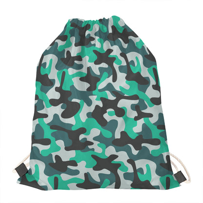 Teal And Black Camouflage Print Drawstring Bag