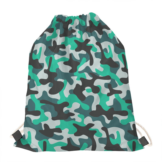 Teal And Black Camouflage Print Drawstring Bag