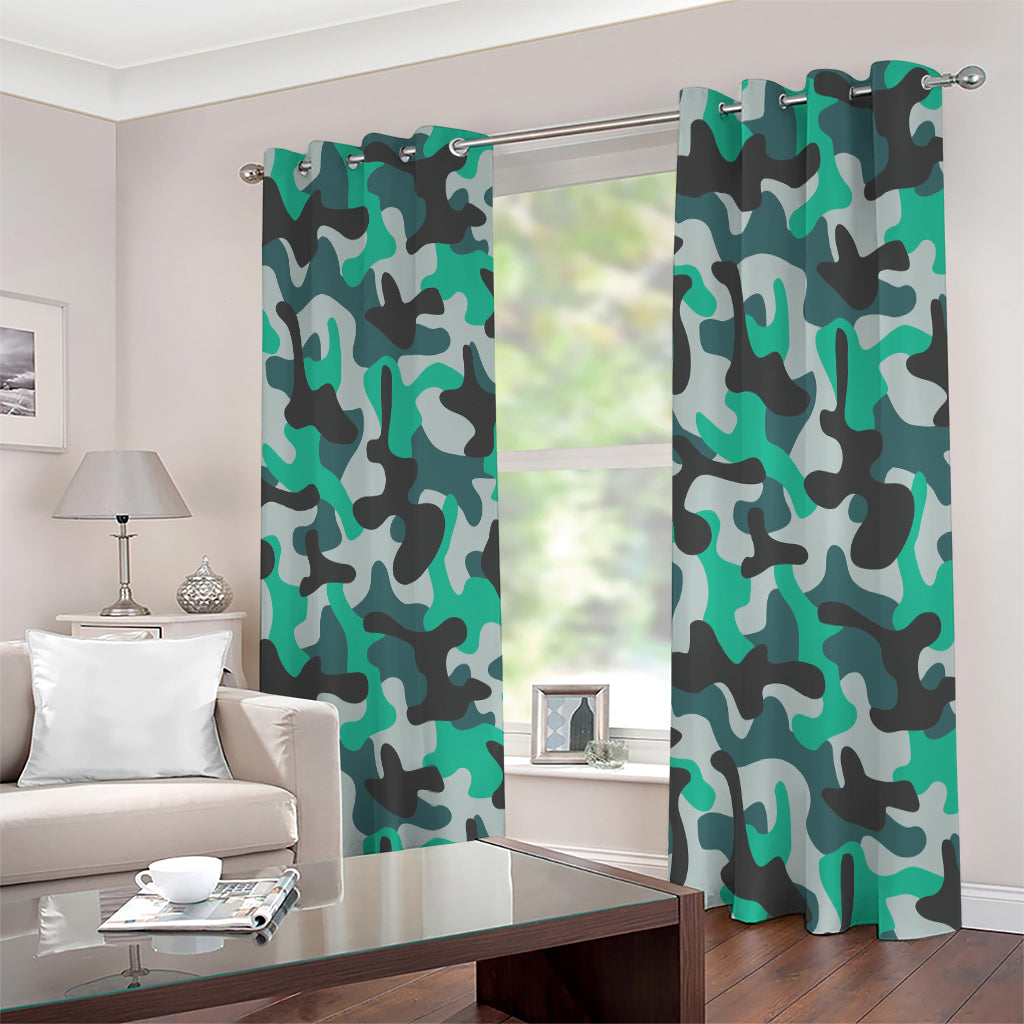 Teal And Black Camouflage Print Extra Wide Grommet Curtains