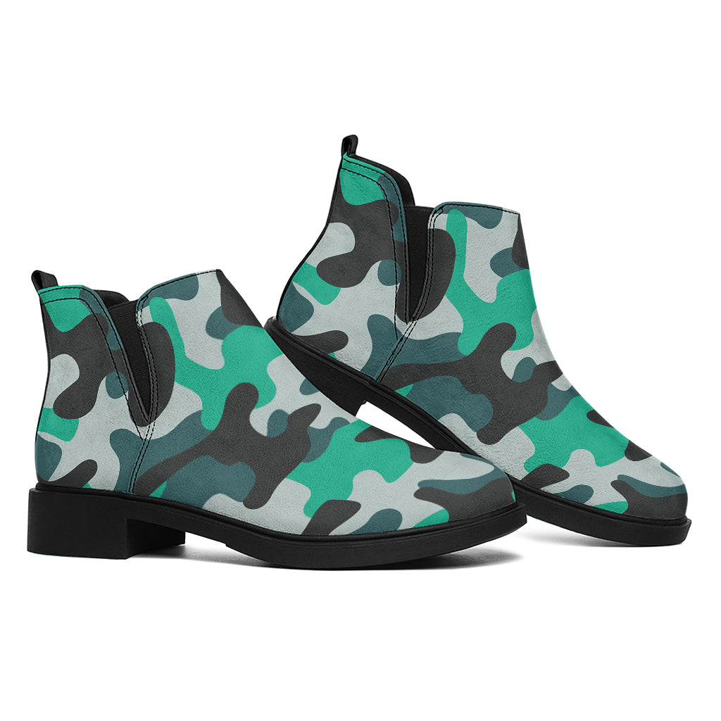 Teal And Black Camouflage Print Flat Ankle Boots