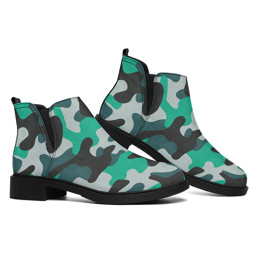 Teal And Black Camouflage Print Flat Ankle Boots