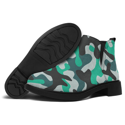 Teal And Black Camouflage Print Flat Ankle Boots