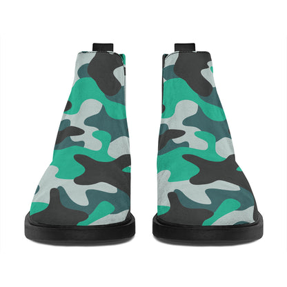 Teal And Black Camouflage Print Flat Ankle Boots