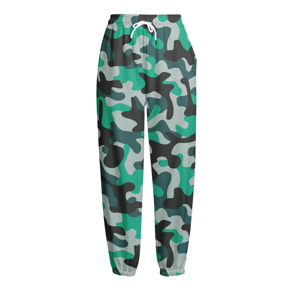 Teal And Black Camouflage Print Fleece Lined Knit Pants