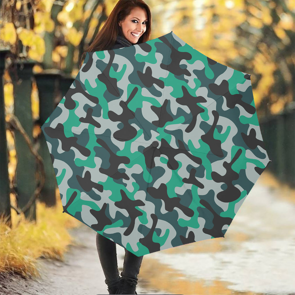 Teal And Black Camouflage Print Foldable Umbrella