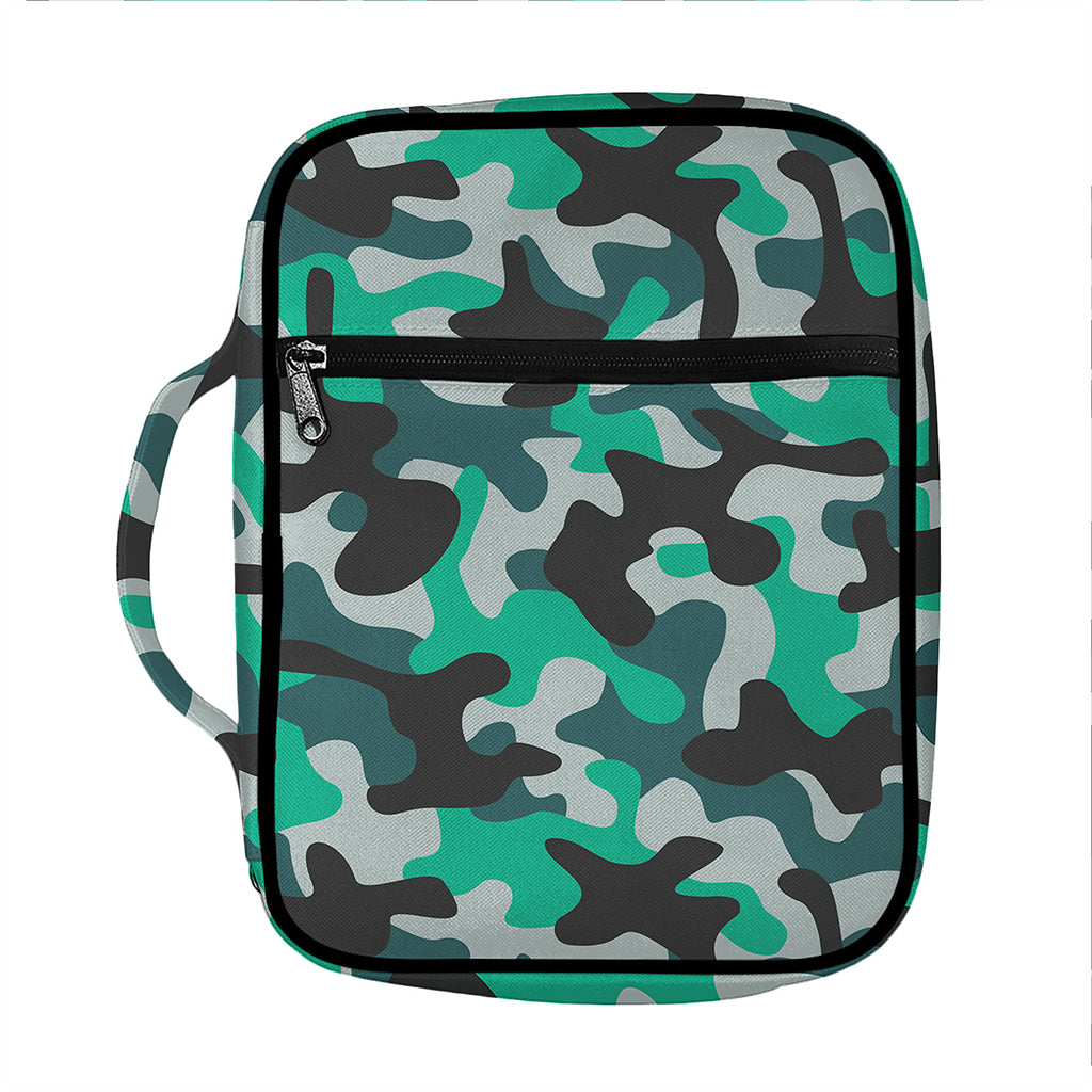 Teal And Black Camouflage Print Front Pocket Bible Bag