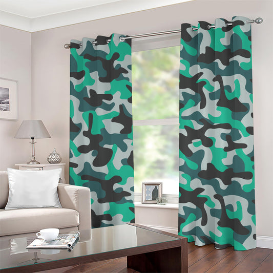 Teal And Black Camouflage Print Grommet Curtains