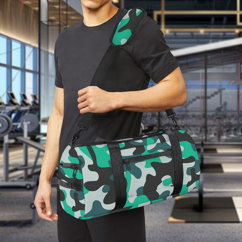 Teal And Black Camouflage Print Gym Bag