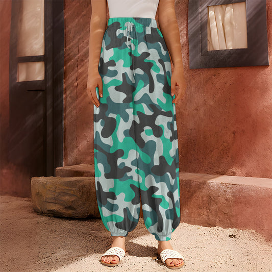 Teal And Black Camouflage Print Harem Pants