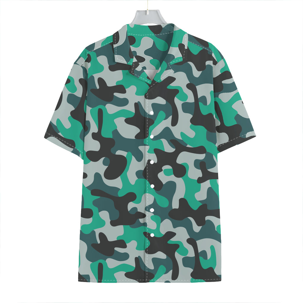 Teal And Black Camouflage Print Hawaiian Shirt