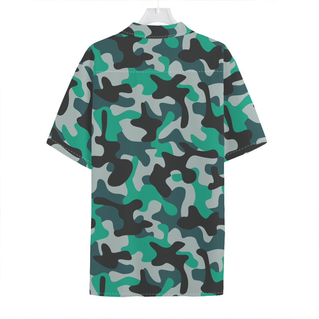 Teal And Black Camouflage Print Hawaiian Shirt