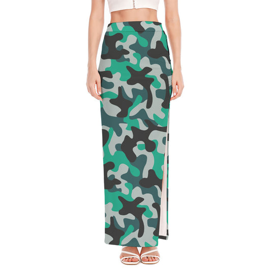 Teal And Black Camouflage Print High Slit Maxi Skirt
