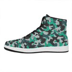 Teal And Black Camouflage Print High Top Leather Sneakers
