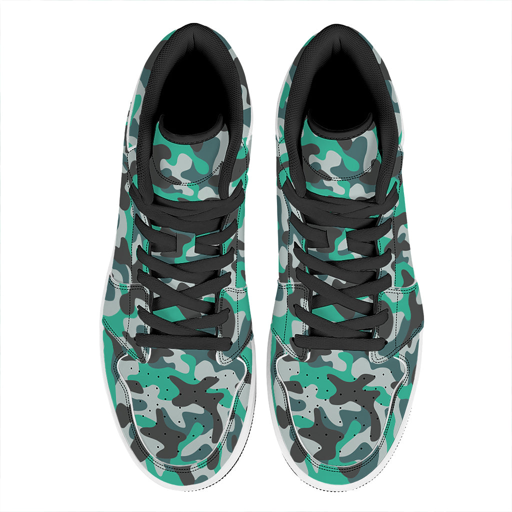 Teal And Black Camouflage Print High Top Leather Sneakers