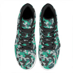 Teal And Black Camouflage Print High Top Leather Sneakers