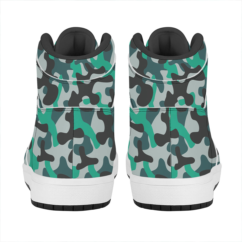Teal And Black Camouflage Print High Top Leather Sneakers
