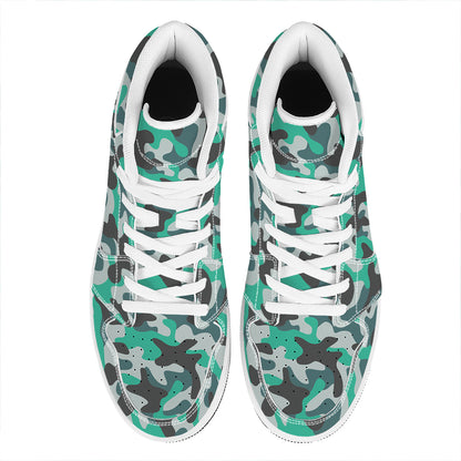 Teal And Black Camouflage Print High Top Leather Sneakers